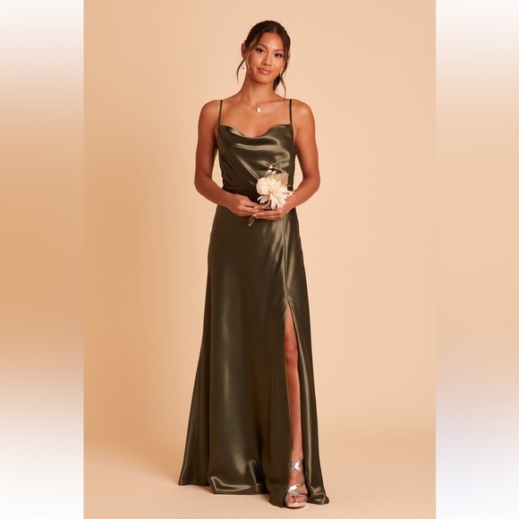 Birdy Grey Dresses & Skirts - Birdy Grey Lisa Shiny Satin Cowl Neck Olive Green Long Dress in Women’s Size S
